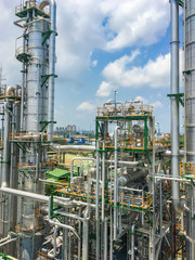 The equipment of oil refining in process area ,Close up of industrial pipelines of an oil refinery plant