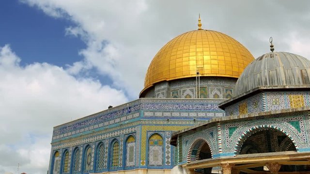 Dome of the Rock in Jerusalem over the Temple Mount panoramic shot. Golden Dome is the most known mosque and landmark in Jerusalem and sacred place for all muslims.