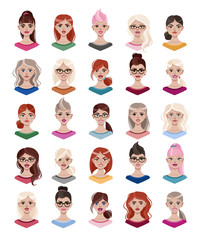 Woman avatar set vector illustration. Beautiful young girls portrait with different hair style isolated on white background.