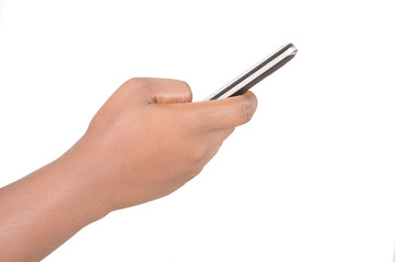 main de personne tenant un téléphone portable isolé sur fond blanc