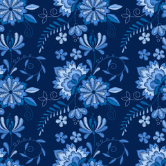Fototapeta na wymiar Embroidery seamless pattern with beautiful flowers. Vector floral ornament on dark blue background. Embroidery for fashion textile and fabric.