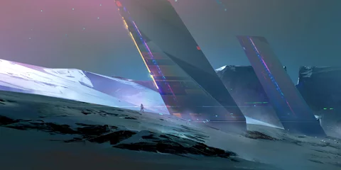 Foto op Plexiglas geschilderd landschap van de toekomst op een buitenaardse planeet © khius