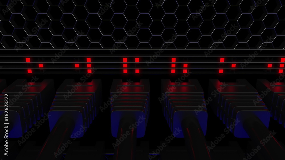 Poster server connectors and flashing leds. connection, network, cloud technology, big data or e-commerce c