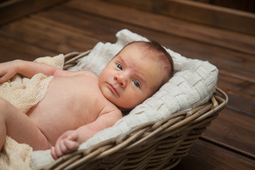 shooting a newborn. Newborn baby on a brown wooden background in a basket and a plaid