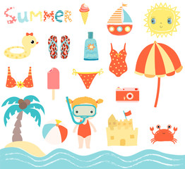 Cute summer beach vector set with little girl with snorkel design elements for kids invitations, birthday and greeting cards
