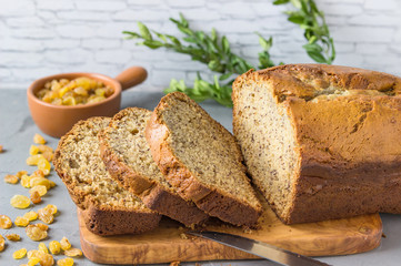 Tasty homemade traditional  cake  with raisins. Slices of cake.