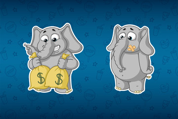 Stickers elephants. Holds bags of money. Much money. with mouth sealed. Big set of stickers. Vector, cartoon