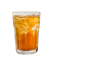 Freshly brewed iced tea in a clear class isolated on white with copy space