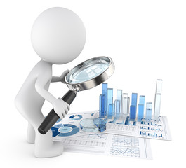 Business Analyze. Dude 3D character with Magnifying Glass on financial document with 3d graphs and pie of blue glass. 3d Render.