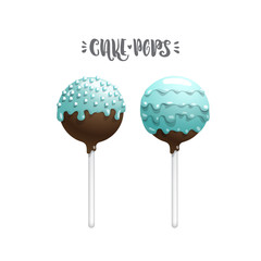 Set of vector colored cakepops on a stick, isolated on a white background, with lettering. Chocolate cake pops in blue glaze