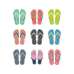 Summer flip flops set isolated on white background. Flip flops with different designs drawn in flat style