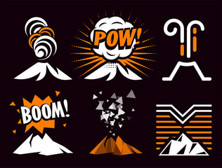 Volcano magma eruptio icon collection. Spectacular natural phenomenon painted in cartoon style set. Volcanic toxic clouds and mountain logo. Graphic anger metaphor illustration.
