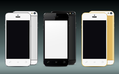 New realistic mobile phones mockups front and back with blank screen isolated. Vector illustration.
