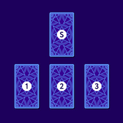 Three tarot card spread. Reverse side. Number 1, 2, 3 and significator. Vector illustration
