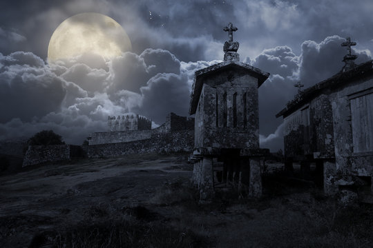 Medieval castle in a cloudy full moon night