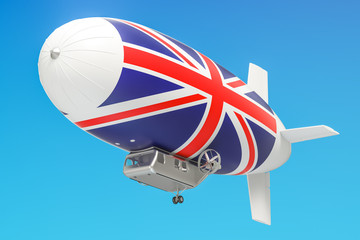Airship or dirigible balloon with UK flag, 3D rendering
