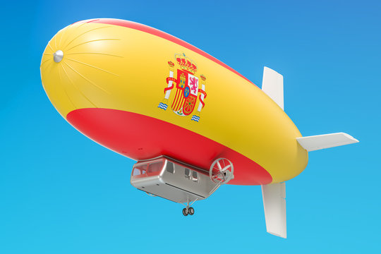 Airship or dirigible balloon with Spanish flag, 3D rendering