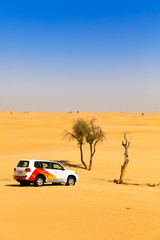 Off road vehicle in desert sand dunes