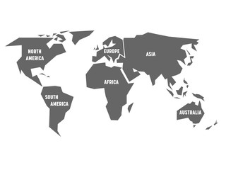 Simplified grey silhouette of world map divided to six continents. Simple flat vector illustration on white background.