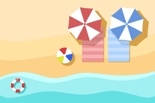 Top view of Beach, summer background. with umbrella, towel, beach ball, swim tube. view from above.
