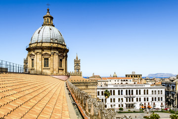 View of the historic centre and Cathedral from the roof in Palermo. Sicily