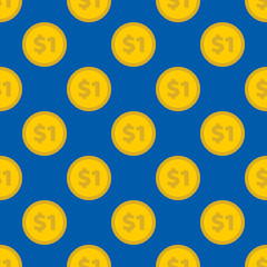Seamless texture with golden coins flat style pattern. Money icons with USA currency symbols.
