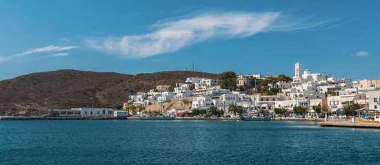 Fototapeta na wymiar Panorama of Milos island from the sea. Greece.