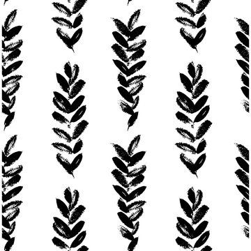 Abstract seamless hand drawn pattern. Modern grunge texture with botanical motif. Monochrome brush painted background.