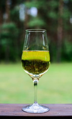 A blurred glass with a white wine with the reflection of the spruce trees. Vintage filter. Selective focus.