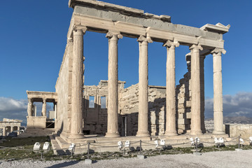 Fototapeta premium Ancient Greek temple The Erechtheion on the north side of the Acropolis of Athens, Attica, Greece