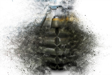Grenade at the time of explosion on a white isolated background 3d illustration