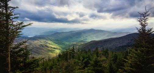 Wide-framed Wilderness. Great Smoky Mountains National Park. View from Clingmans Dome. Picturesque...