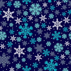 Fototapeta na wymiar Christmas pattern made of snowflakes and dots, winter seamless background with snow, xmas design holiday illustration.