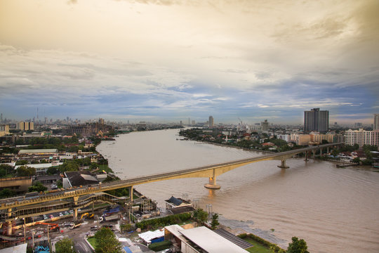 Landscape view of Bangkok with Chao Phraya river and blue sky, Bangkok Thailand	