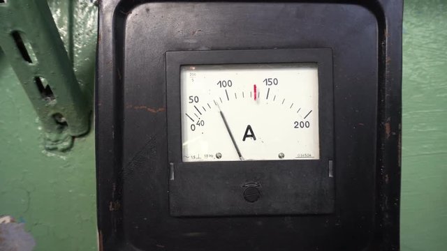 Vintage analog ammeter on green background