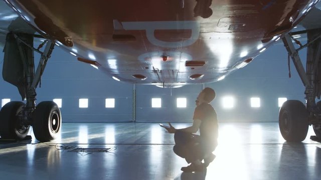 In a Hangar Aircraft Maintenance Young Engineer/ Technician/ Mechanic With Tablet Computer Inspects Airplane Jet Engine. He Opens Engine Hatch and Examines Insides with a Flashlight. 4K UHD.
