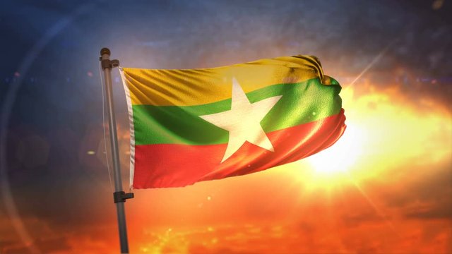 Myanmar Flag Backlit At Beautiful Sunrise Loop Slow Motion 4K