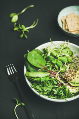 Green vegan breakfast meal in bowl with spinach, arugula, avocado, seeds and sprouts over black background, selective focus. Clean eating, dieting, vegan, vegetarian food concept