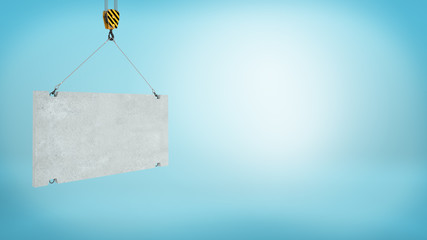 3d rendering of a blank grey concrete block caught on a construction crane hook on blue background.