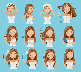 Fototapeta na wymiar Haircare cute teenage girl is washing her hair, nourishing, caring and shaping her hair.Cartoon set of hair treatment procedure.Vector illustrations isolated on a blue background.