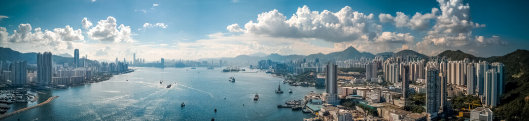 Panoramic view of Hong Kong city from sky on Lei Yue Mun