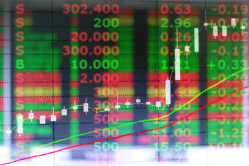 .graph of investment stock candle market chart in doule exposure business concept