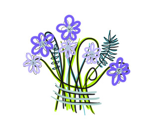 Colorful cherry drawn bright spring blue flowers for greeting card or advertisement on the white background, isolated cartoon illustration painted by pen and oil color, high quality