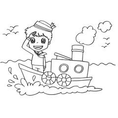 Little Boy with a boat  coloring page vector
