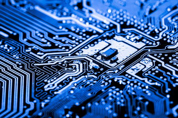Abstract, Close up at electronic circuits, we see the technology of the mainboard, which is the...