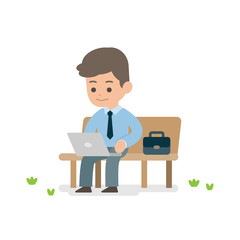 Young businessman working on laptop sitting on a park bench, vector illustration.