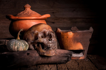 Still Life with Skull and clay pot,earthenware background
