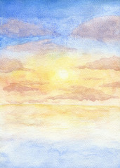 Hand painted watercolor illustration of the sunset at the sea with cloudy sky