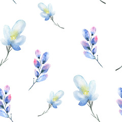 Fototapeta na wymiar Watercolor seamless pattern, background with a floral pattern. Beautiful vintage drawings of plants, flowers, berries for your design. blue, yellow, pink color on a White background.