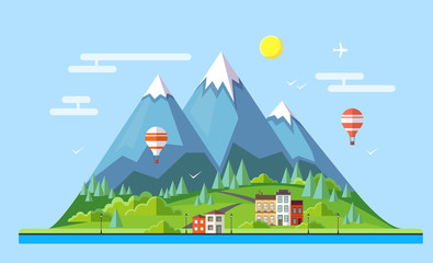 Flat style design of countryside mountains landscape. Vector icon set